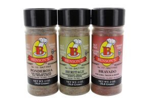 Three bottles of Bensons Gourmet Seasonings salt free Sportsmen seasonings.