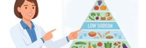 cartoon image of woman pointing to a food pyramid that says "low "sodium"
