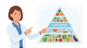 cartoon image of woman pointing to a food pyramid that says "low "sodium"